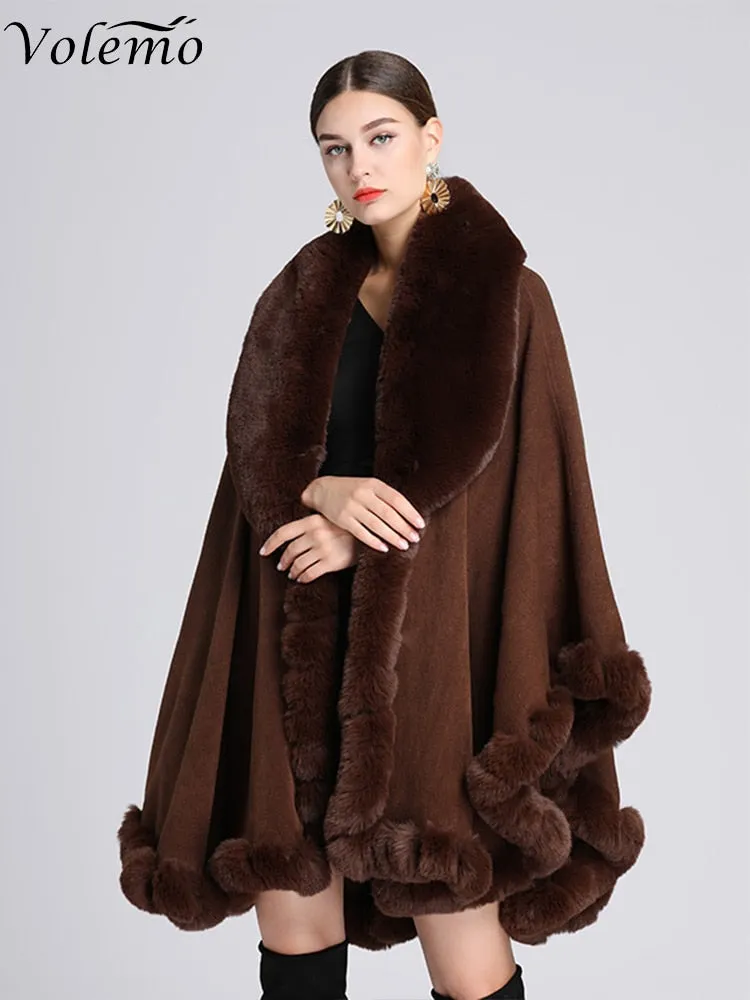 Winter Elegant V Lapel Faux Rex Rabbit Fur Coat Cape Winter Women Big Long Shawl Full Trim Fur Knit Cloak Overcoat Parka