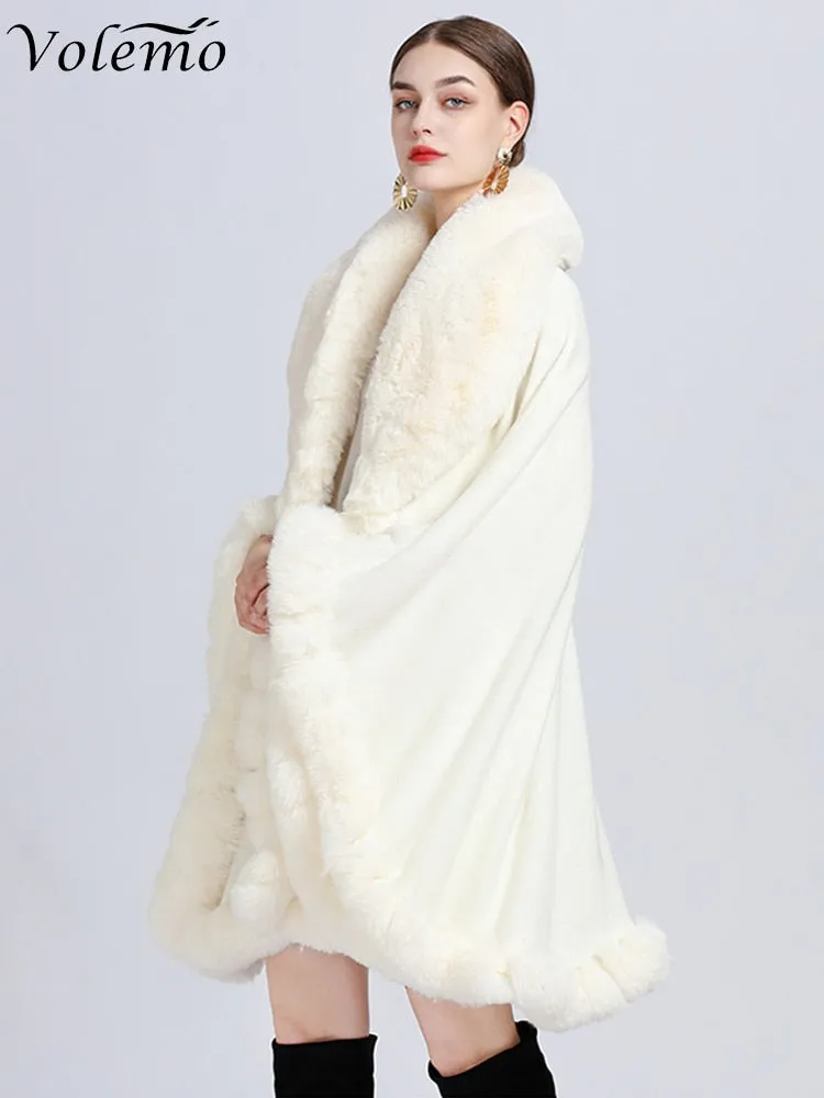 Winter Elegant V Lapel Faux Rex Rabbit Fur Coat Cape Winter Women Big Long Shawl Full Trim Fur Knit Cloak Overcoat Parka