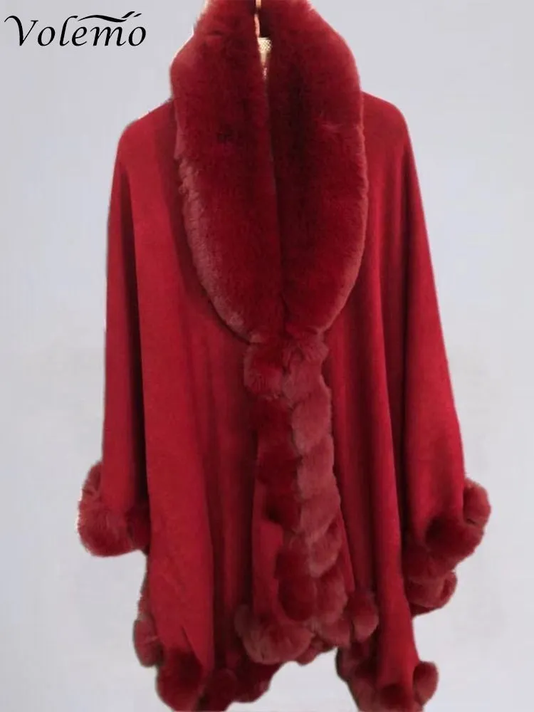 Winter Elegant V Lapel Faux Rex Rabbit Fur Coat Cape Winter Women Big Long Shawl Full Trim Fur Knit Cloak Overcoat Parka