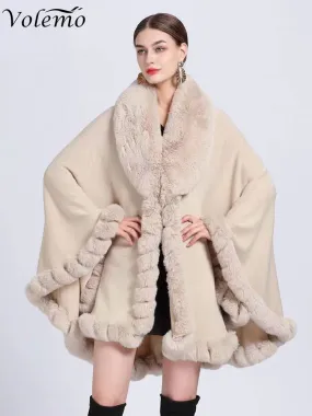 Winter Elegant V Lapel Faux Rex Rabbit Fur Coat Cape Winter Women Big Long Shawl Full Trim Fur Knit Cloak Overcoat Parka