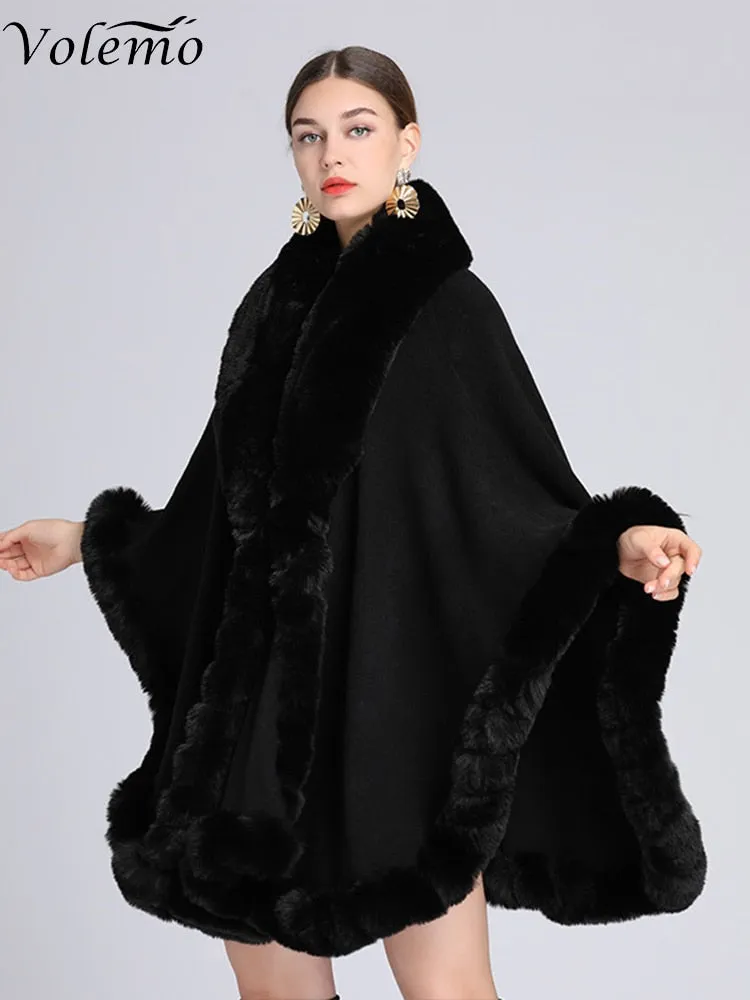 Winter Elegant V Lapel Faux Rex Rabbit Fur Coat Cape Winter Women Big Long Shawl Full Trim Fur Knit Cloak Overcoat Parka