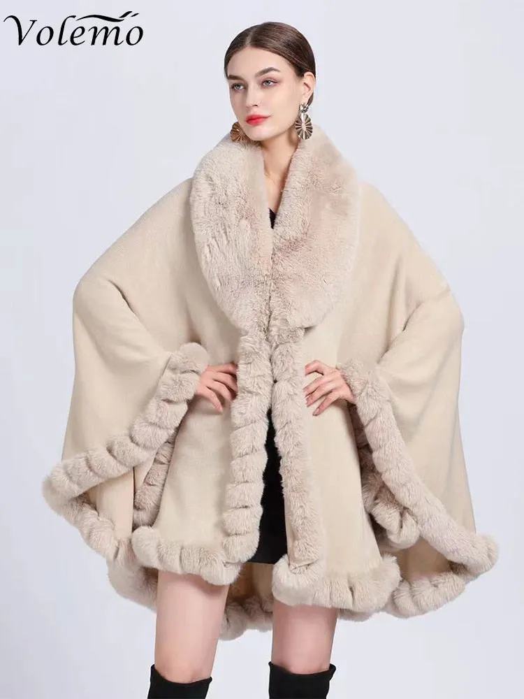 Winter Elegant V Lapel Faux Rex Rabbit Fur Coat Cape Winter Women Big Long Shawl Full Trim Fur Knit Cloak Overcoat Parka