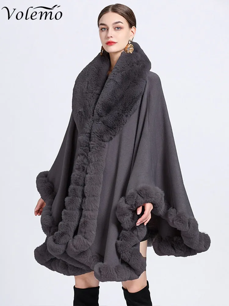 Winter Elegant V Lapel Faux Rex Rabbit Fur Coat Cape Winter Women Big Long Shawl Full Trim Fur Knit Cloak Overcoat Parka