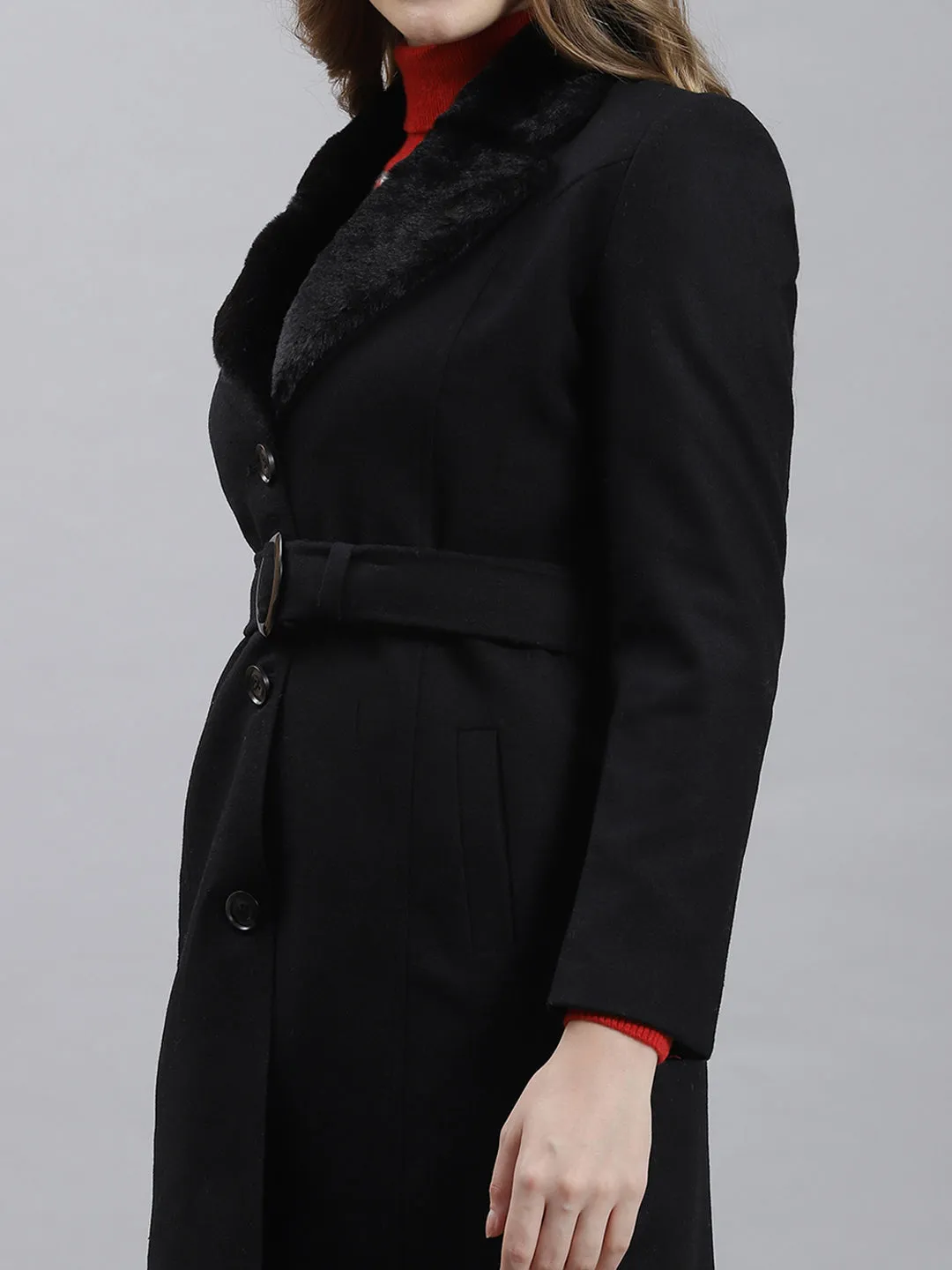 Women Black Plain Long Coat