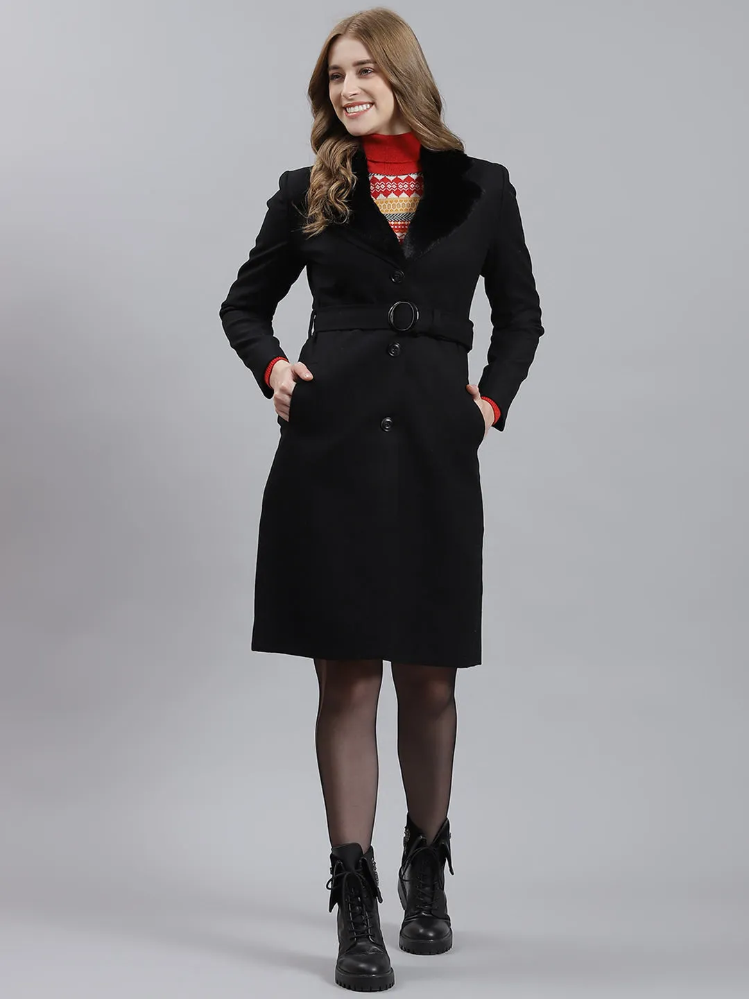 Women Black Plain Long Coat